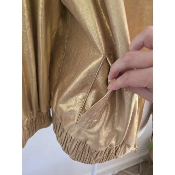 St John Gold Metallic Lambs Leather Silk 80s Retro Shimmer Bomber Zip Jacket M
